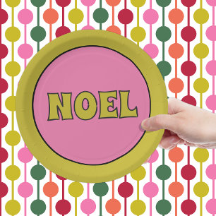 Noel 1970s Retro Lettering Roze en Limoen Kerst Papieren Bordje