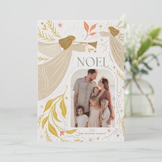 NOEL Angels Cream 2 Foto Kerstmis Feestdagenkaart (Staand voorkant)