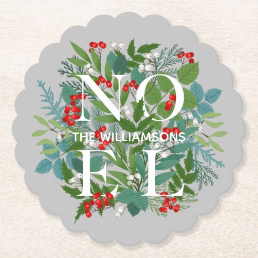 NOEL Berries en Greenery Kerstmis Kartonnen Onderzetters (Voorkant)