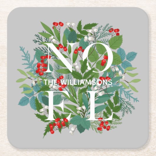 NOEL Berries en Greenery Kerstmis Kartonnen Onderzetters (Voorkant)