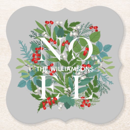 NOEL Berries en Greenery Kerstmis Kartonnen Onderzetters (Voorkant)
