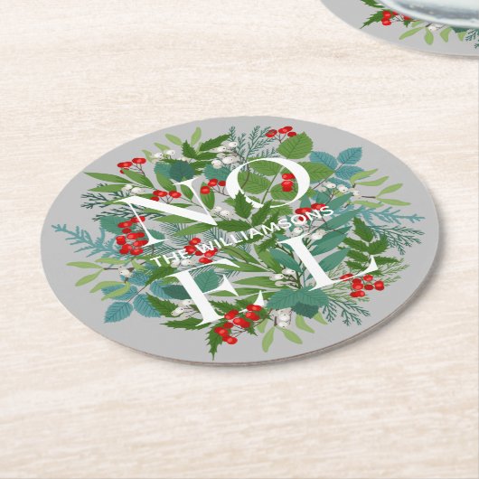 NOEL Berries en Greenery Kerstmis Ronde Kartonnen Onderzetter (Gebogen)