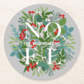 NOEL Berries en Greenery Kerstmis Ronde Kartonnen Onderzetter (Voorkant)