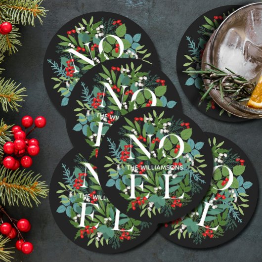 NOEL Berries Greenery Black Holiday Ronde Kartonnen Onderzetter