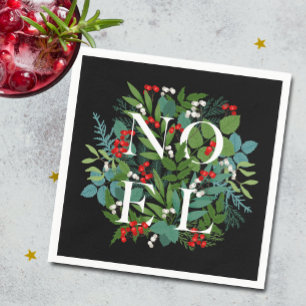 NOEL Berries Greenery op zwarte kerst Servet