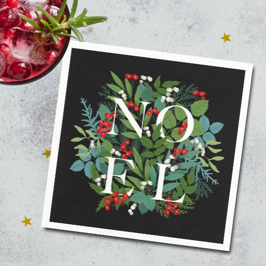 NOEL Berries Greenery op zwarte kerst Servet