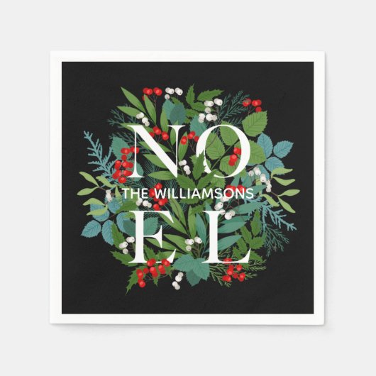 NOEL Berries Greenery Personalized Black Kerstmis Servet (Voorkant)