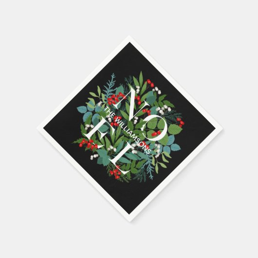 NOEL Berries Greenery Personalized Black Kerstmis Servet (Hoek)