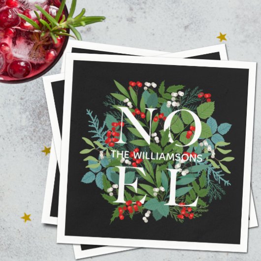 NOEL Berries Greenery Personalized Black Kerstmis Servet