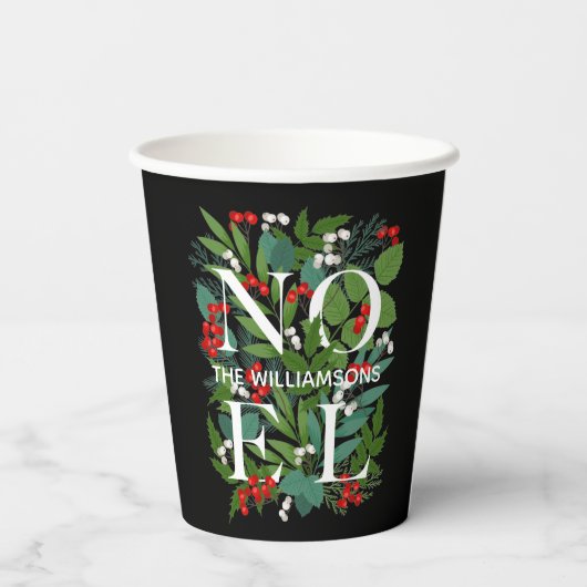 NOEL Berries Greenery Personalized Black Papieren Bekers (Achterkant)