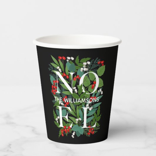 NOEL Berries Greenery Personalized Black Papieren Bekers (Voorkant)