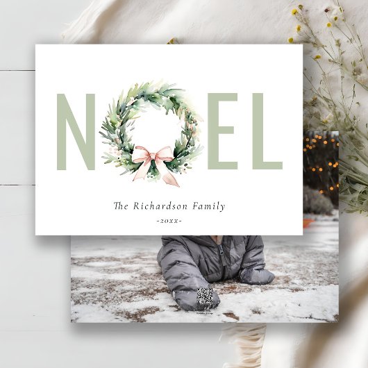 Noel Blush Green Christmas Wreath Foto Feestdagenkaart