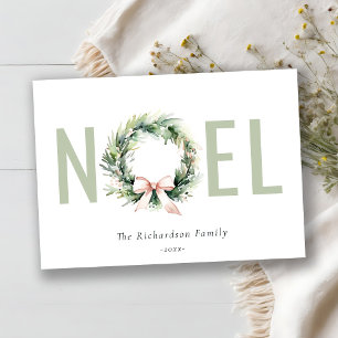 Noel Blush Green Christmas Wreath Waterverf Feestdagenkaart