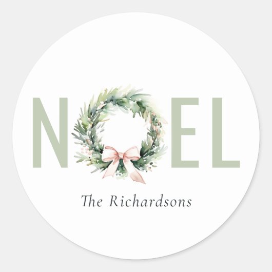 Noel Blush Green Christmas Wreath Waterverf Ronde Sticker (Voorkant)