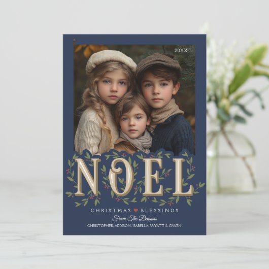 Noel Elegant Blauw Foto Kerstmis Kaart (Staand voorkant)