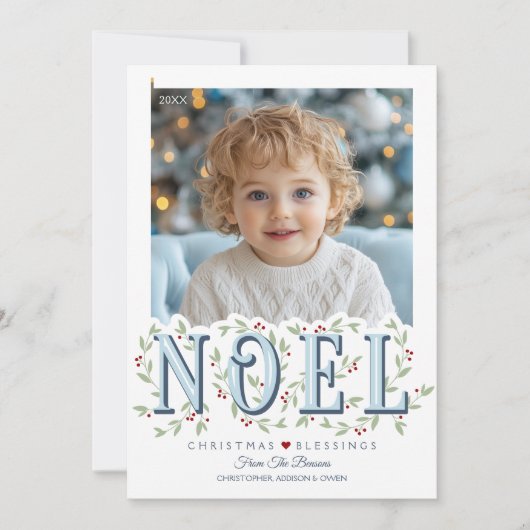 Noel Elegant Blauw Wit Foto Kerst Kaart (Voorkant)