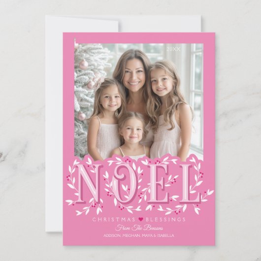 Noel Elegant Roze Wit Foto Kerst Kaart (Voorkant)