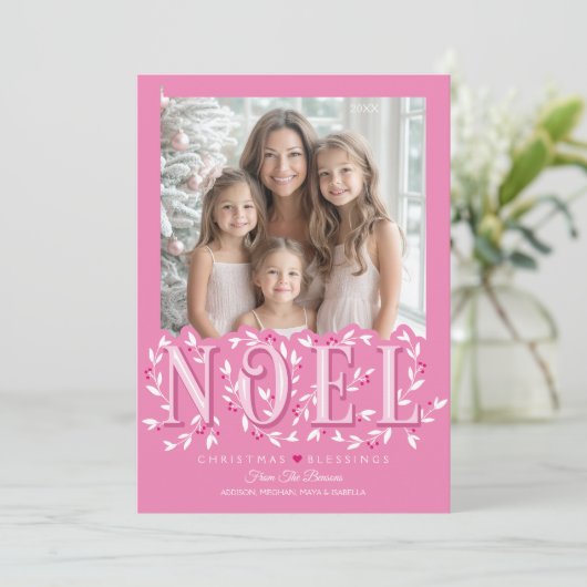 Noel Elegant Roze Wit Foto Kerst Kaart (Staand voorkant)