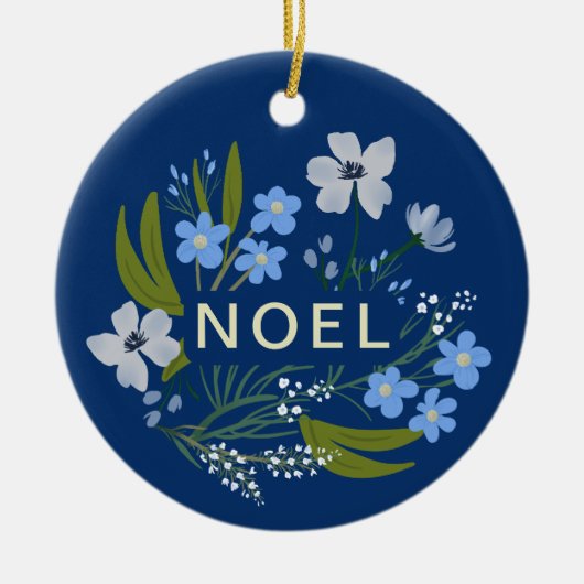 NOEL Familienaam Blauw bloemig Keramisch Ornament (Voorkant)