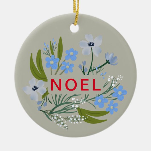 NOEL Familienaam Blauw, rood bloemen Keramisch Ornament (Voorkant)