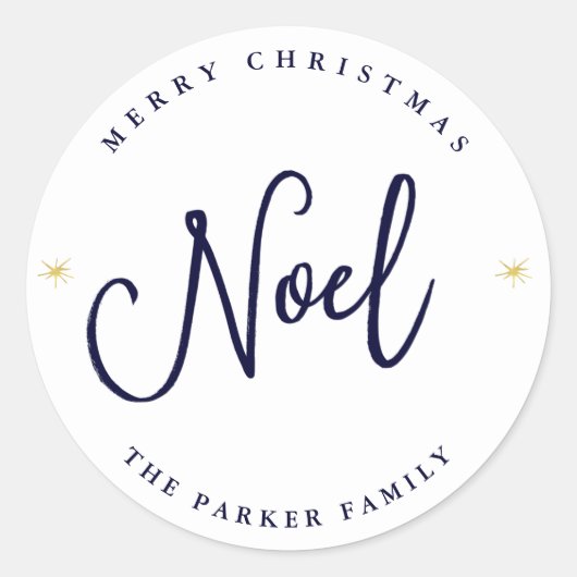 Noel | Gouden Sterren op Kerstmis Blauw en Wit Ronde Sticker (Voorkant)