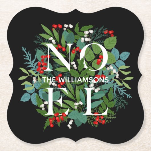 NOEL Greenery Holiday Black Kartonnen Onderzetters (Voorkant)