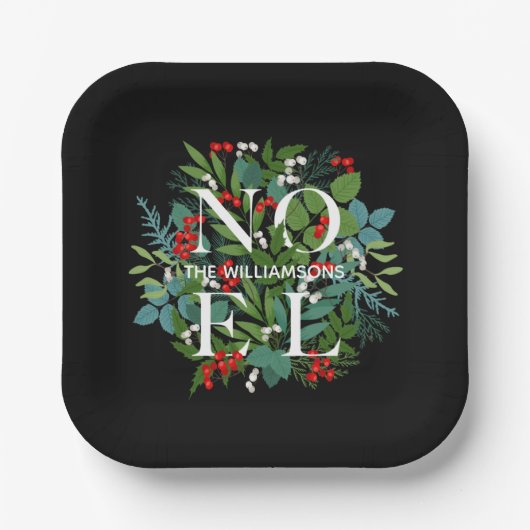 NOEL Greenery Personalized Black Kerstmis Papieren Bordje (Voorkant)