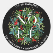 NOEL Groen Blad Bessen Kerst Adres Ronde Sticker (Voorkant)