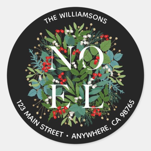 NOEL Groen Geboomte Bessen Kerst Adres Ronde Sticker (Voorkant)