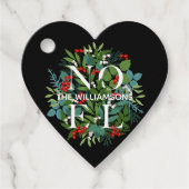 NOEL Groene Bladeren Bessen Kerstmis Zwart Bedankjes Labels (Voorkant)