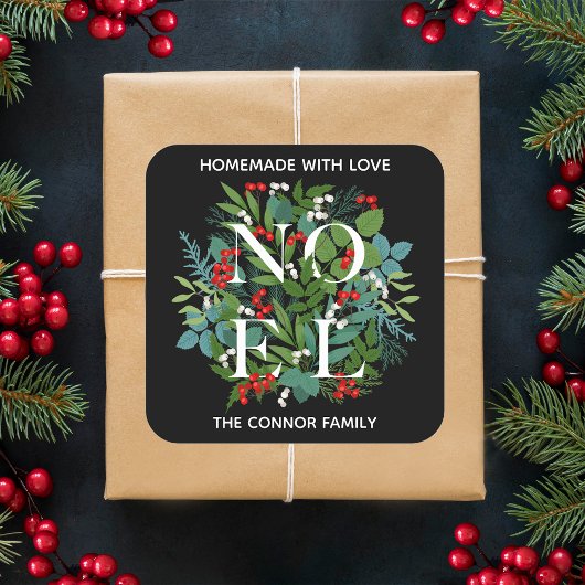 NOEL Holly Berries Homemade kerst Vierkante Sticker