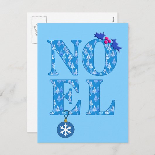 NOEL in een blauw kerstboompatroon Feestdagenkaart (Voorkant / Achterkant)