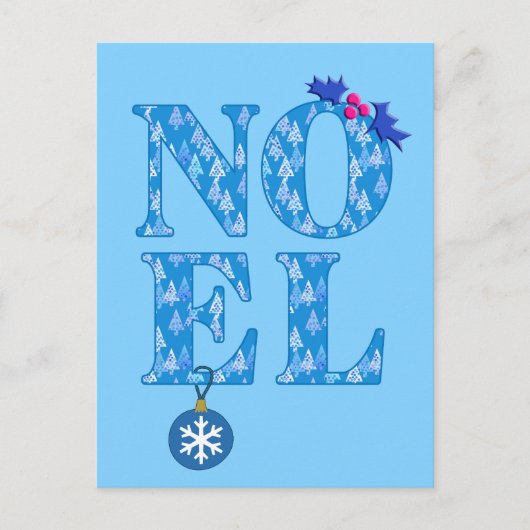 NOEL in een blauw kerstboompatroon Feestdagenkaart (Voorkant)