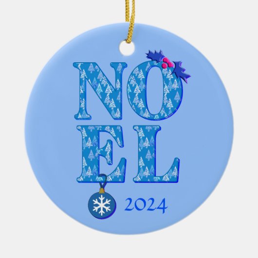 NOEL in een blauw kerstboompatroon Keramisch Ornament (Voorkant)