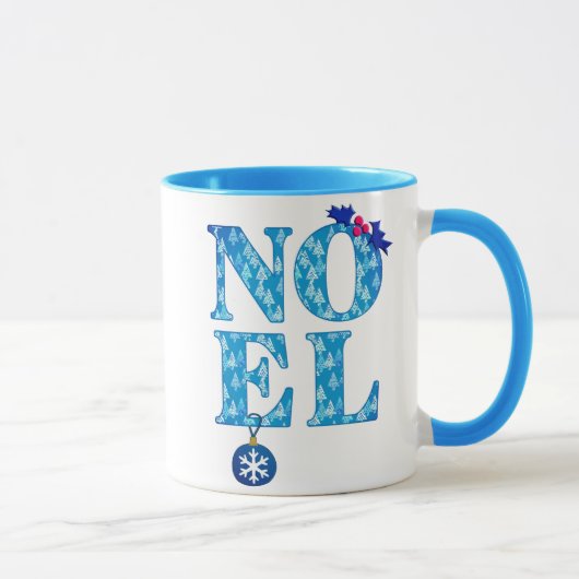 NOEL in een blauw kerstboompatroon Mok (Rechts)