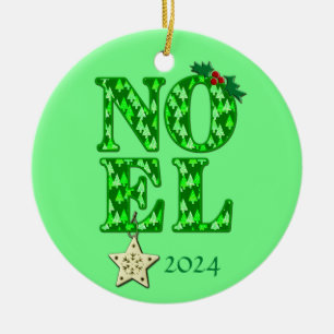NOEL in een groen retro kerstboom patroon Keramisch Ornament