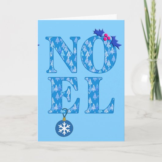 NOEL in een patroon van een blauwe kerstboom  Feestdagen Kaart (Voorkant)