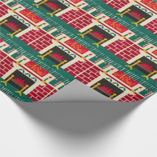 Noel KerstFireplace Red Green Gold Crochet Cadeaupapier (Hoek)