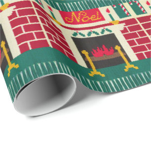 Noel KerstFireplace Red Green Gold Crochet Cadeaupapier