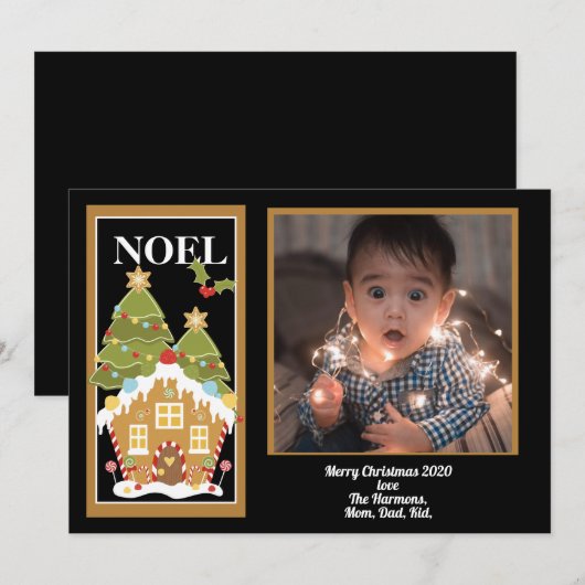 Noel Kerstmis Greeting Gingerbrood House Foto Feestdagenkaart (Voorkant / Achterkant)