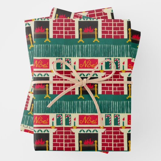 Noel Mantle Brick Fireplace Artisan Crochet Print Inpakpapier Vel (In situ)