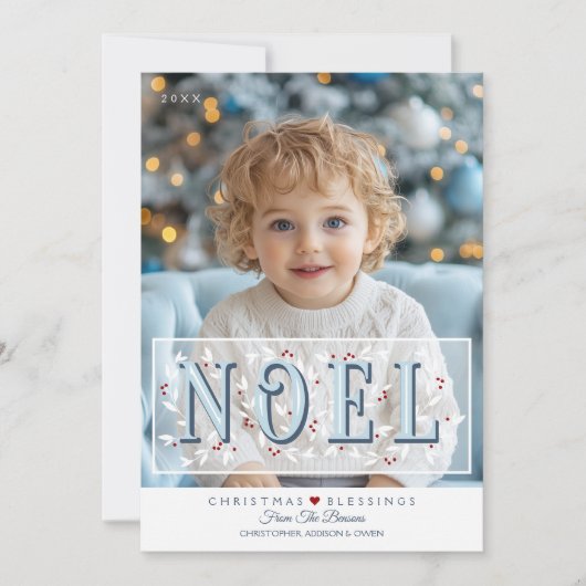 Noel Overlay Blauw Wit Foto Kerst Kaart (Voorkant)