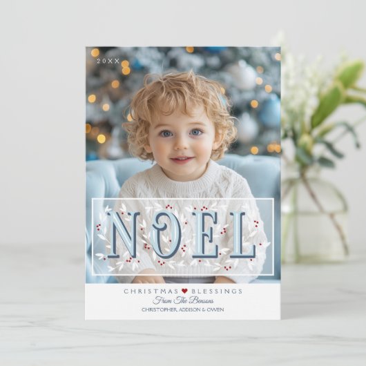 Noel Overlay Blauw Wit Foto Kerst Kaart (Staand voorkant)