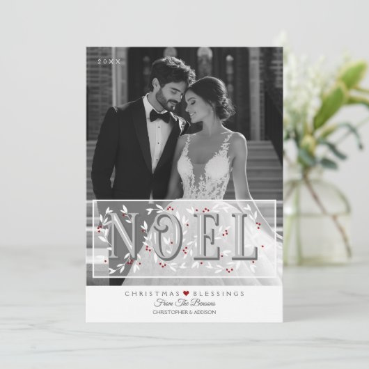 Noel Overlay Grijs Wit Foto Kerst Kaart (Staand voorkant)