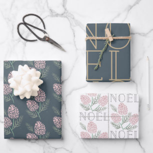 NOEL Pink Pine Cone Pattern Blue & White Inpakpapier Vel