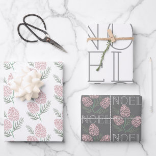 NOEL Pink Pine Cone Pattern White & Grey Inpakpapier Vel