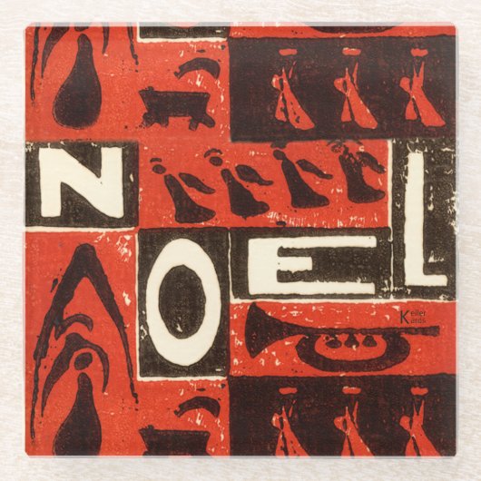 Noel Red Block Print Glazen Onderzetter (Voorkant)