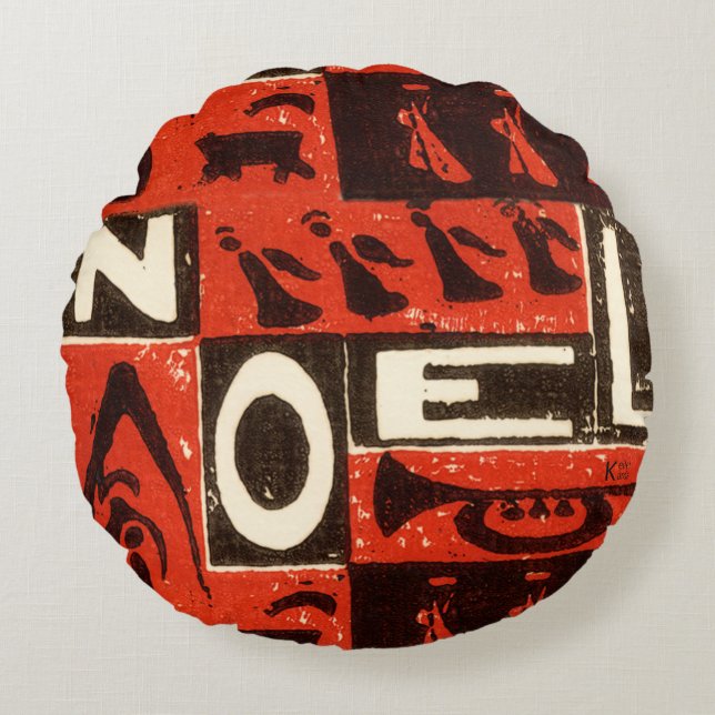 Noel Red Block Print Rond Kussen (Voorkant)