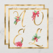 NOEL Red & Gold Holly Berries Poinsettia Kerstmis Feestdagenkaart (Voorkant / Achterkant)