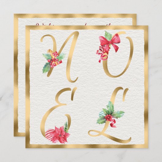 NOEL Red & Gold Holly Berries Poinsettia Kerstmis Feestdagenkaart (Voorkant / Achterkant)